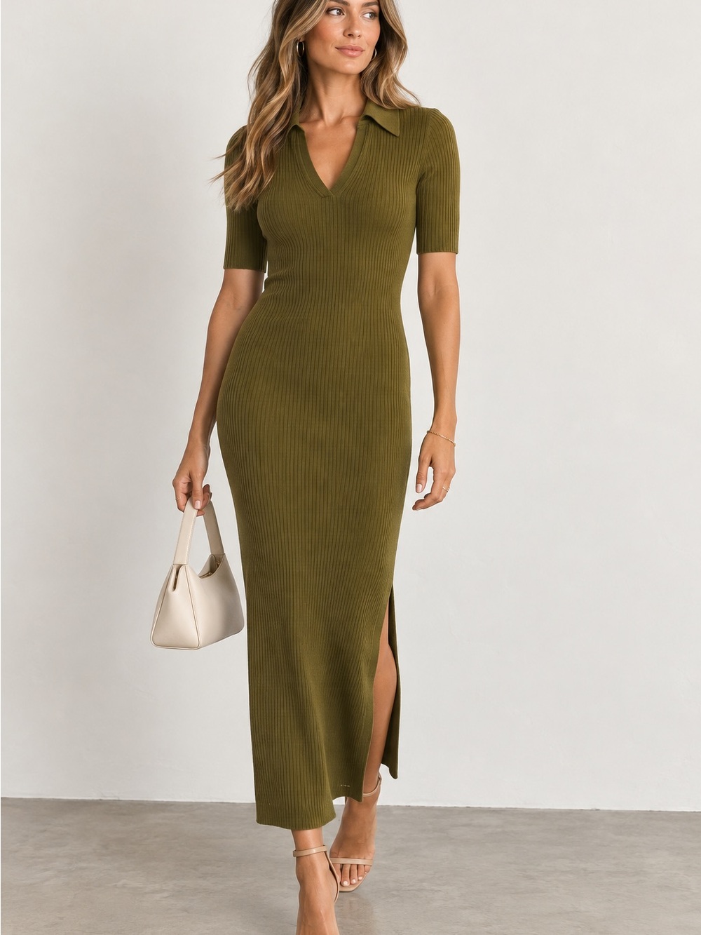 Ted Baker Green Ribbed Knit Polo Maxi Dress Size Small 🟫